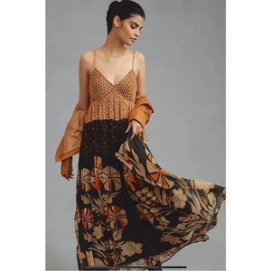 Anthropologie Boho Black and Orange Pleated Maxi Sundress